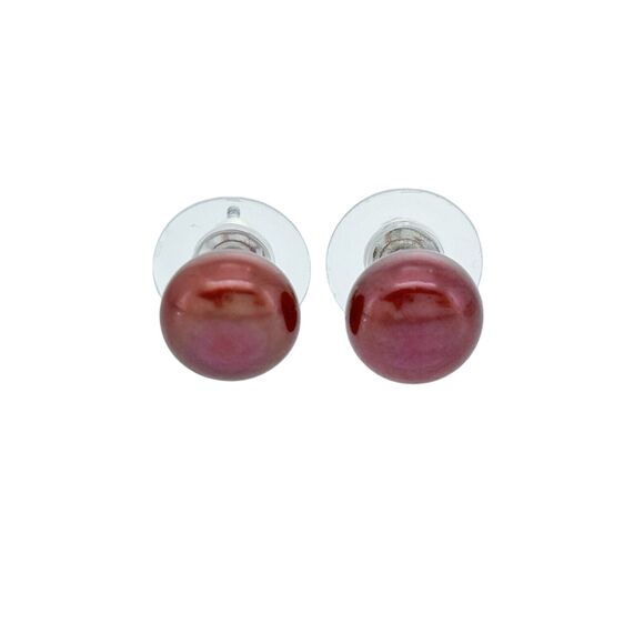 Vintage Sterling Silver 925 8.5mm Synthetic Red Pearl Stud Earrings - Picture 1 of 5